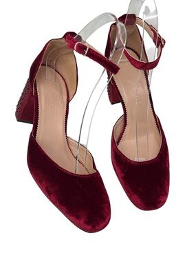 J. Crew Maisie Ruby Red Velvet Jewel Studded Ankle Strap Holiday Party Heels